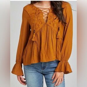 Altar'd State Embroidered Mustard Boho Peasant Women's Top with Gold Tie
